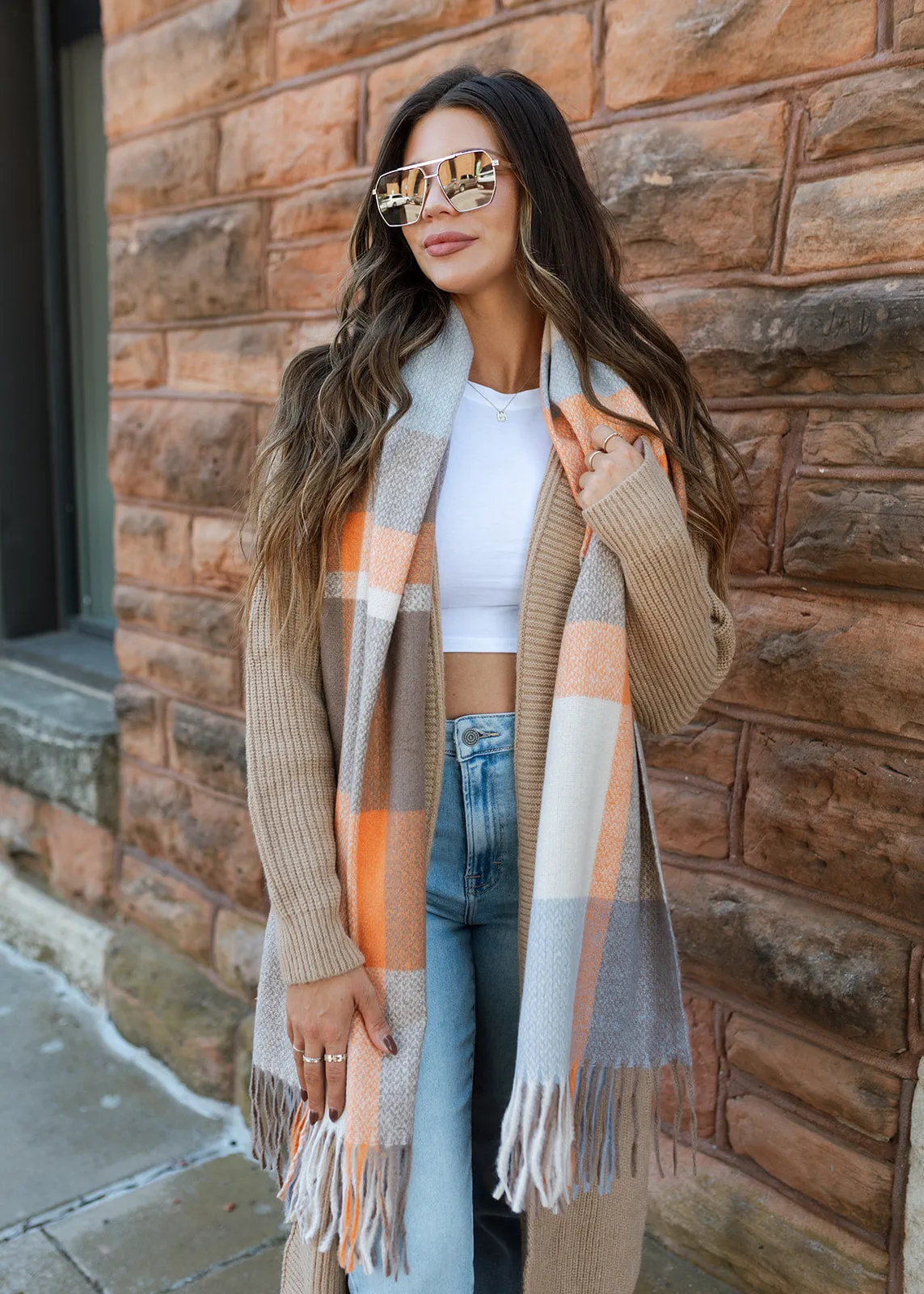 Autumn Color Block Fringe Scarf - Orange