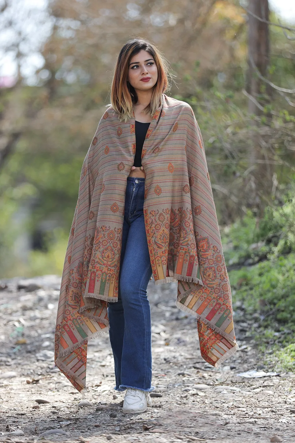 Brown Colour Shawl With Flower Pattern Style Bold And Dense Border Gives Rich And beautiful Look.