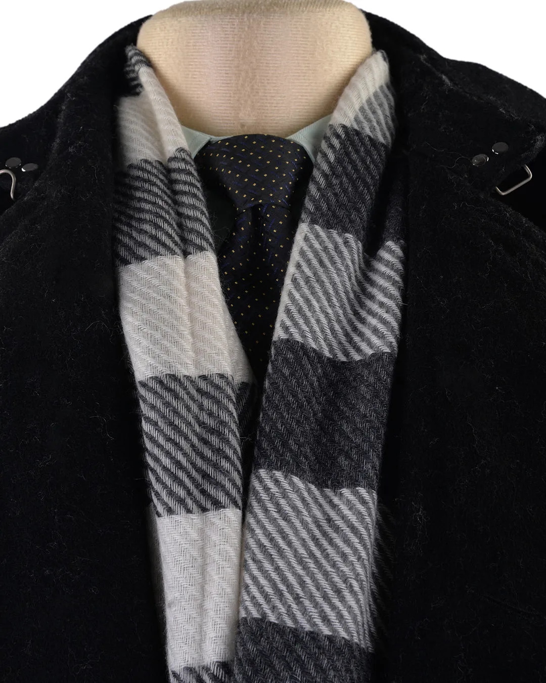 Cashmere Wool Scarf Black White Bold Checks Twill