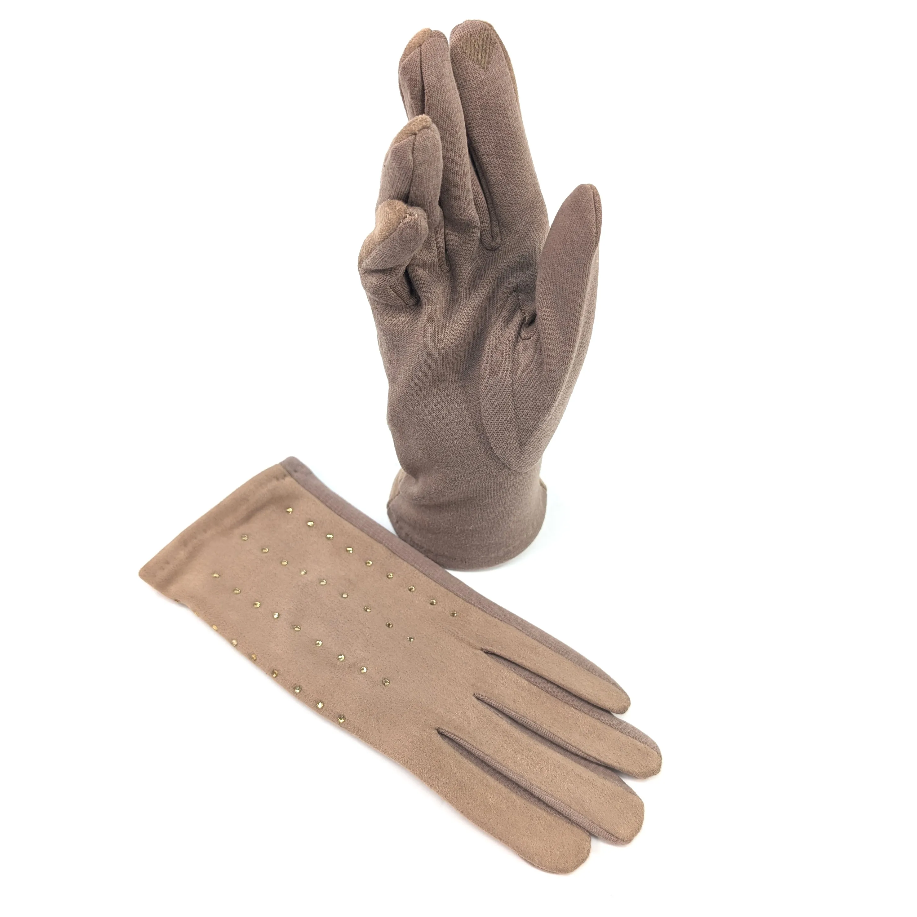 Diamante Suede Style Gloves - Biscuit