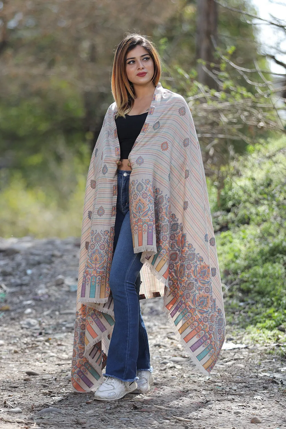 Fawn Colour Shawl With Flower Pattern Style Bold And Dense Border Gives Rich And beautiful Look.