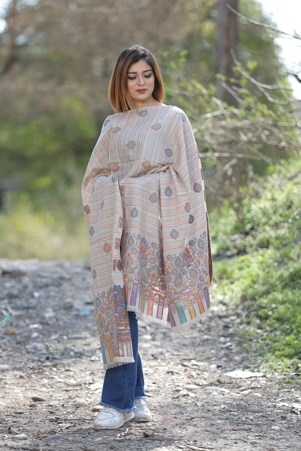 Fawn Colour Shawl With Flower Pattern Style Bold And Dense Border Gives Rich And beautiful Look.