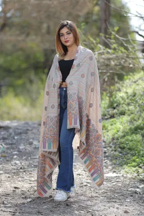 Fawn Colour Shawl With Flower Pattern Style Bold And Dense Border Gives Rich And beautiful Look.