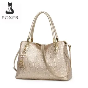 FOXER Occident Style Gold Totes Women&#39;s Cow Split Leather Handbag Fashion Lady Commute Purse Luxury Large Capacity Shoulder Bag