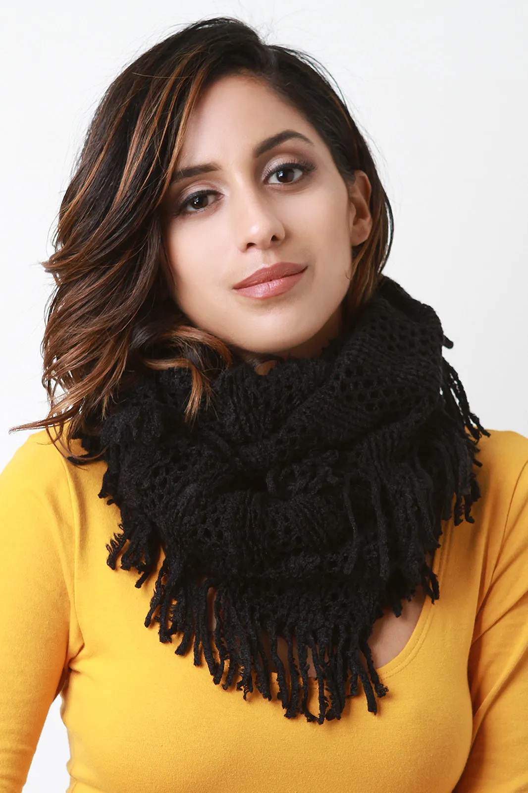 Fuzzy Stripe Knit Fringe Circle Scarf