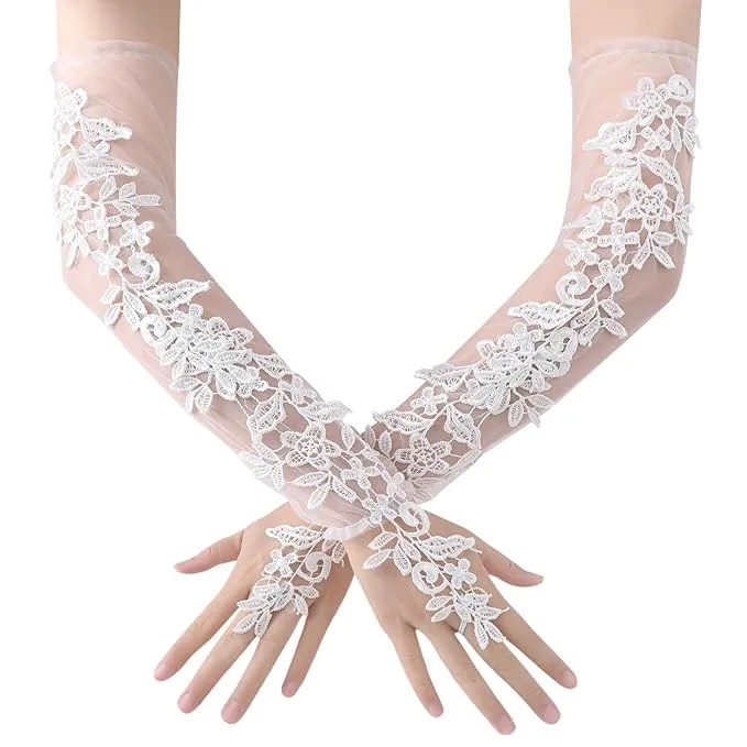 GownLink's  Lace Gloves Wedding Gloves for Bride Elbow Length Bridal Gloves Flower Jacquard Tulle White Gloves for Women GKD03