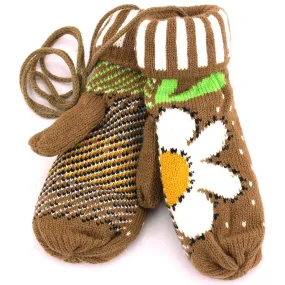 Ladies Flower Mittens - Brown