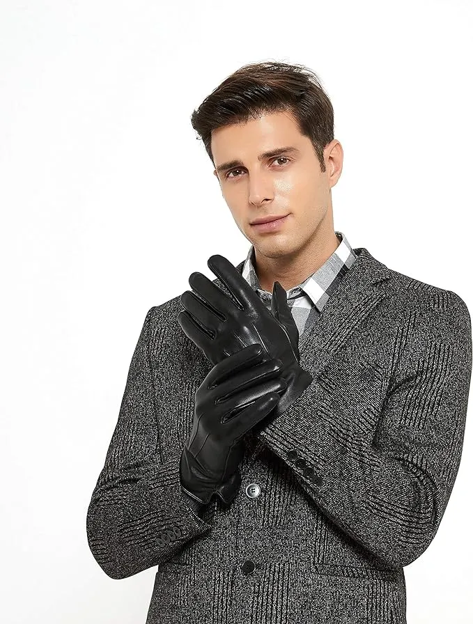 Luxury Mens Leather Gloves Cashmere Lined-Soft Comfortable Lambskin Touchsreen