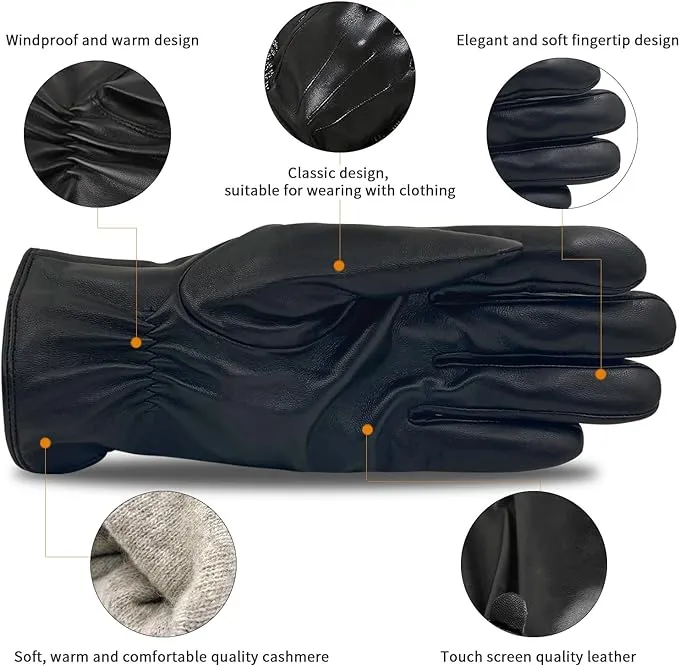 Luxury Mens Leather Gloves Cashmere Lined-Soft Comfortable Lambskin Touchsreen