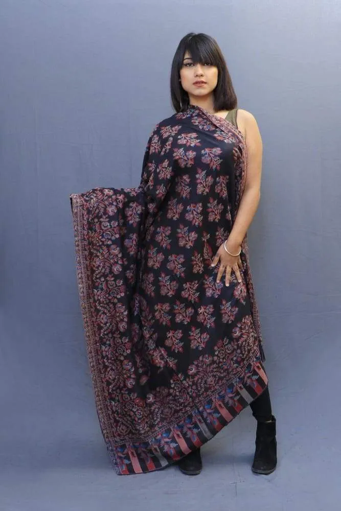 Magical Black Colour Kani Shawl With All Over Bold And Dense Motifs Gives Rich And beautiful Look.