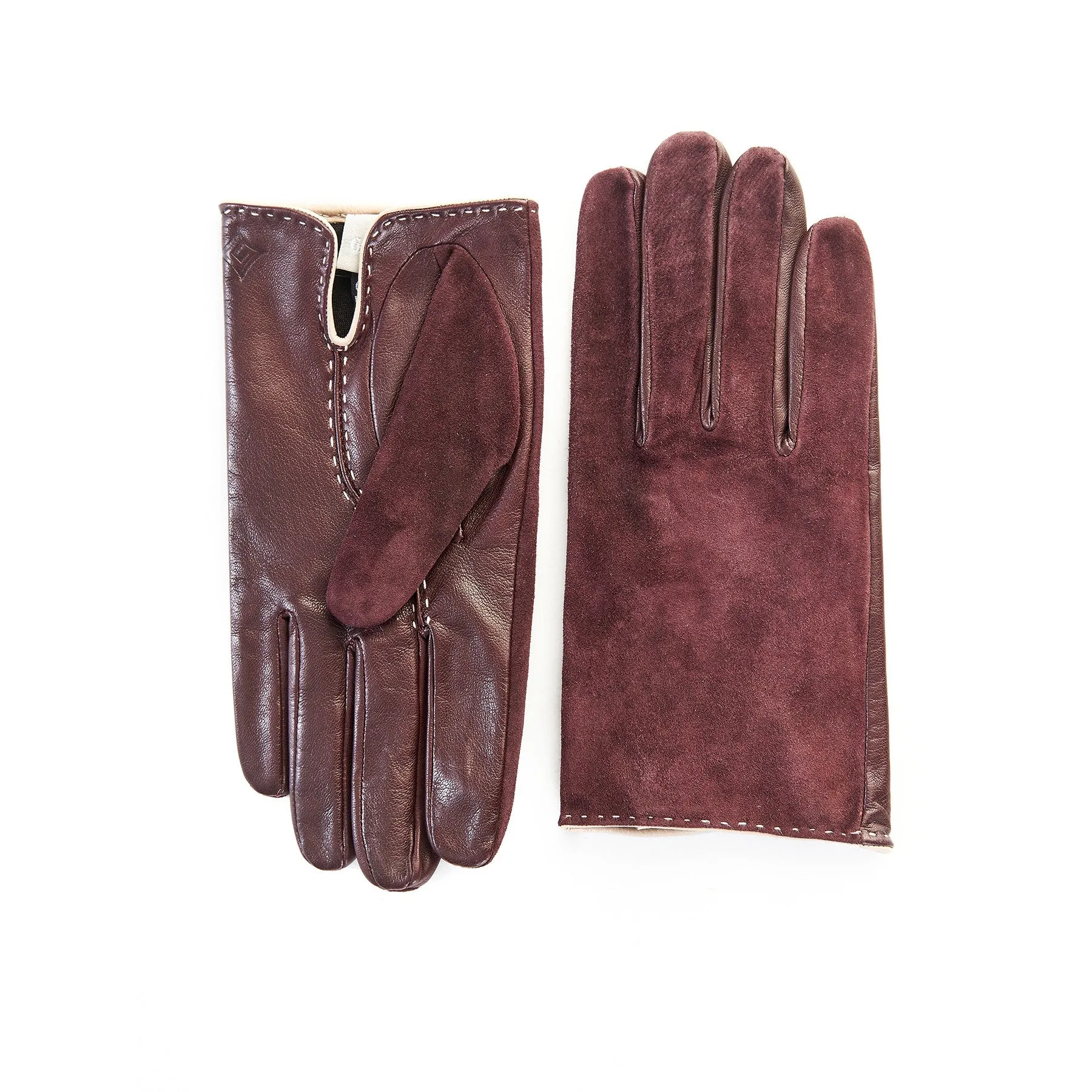 Men's elegant bordeaux suede and sheep leather combination gloves with hand-stitch details and silk lining