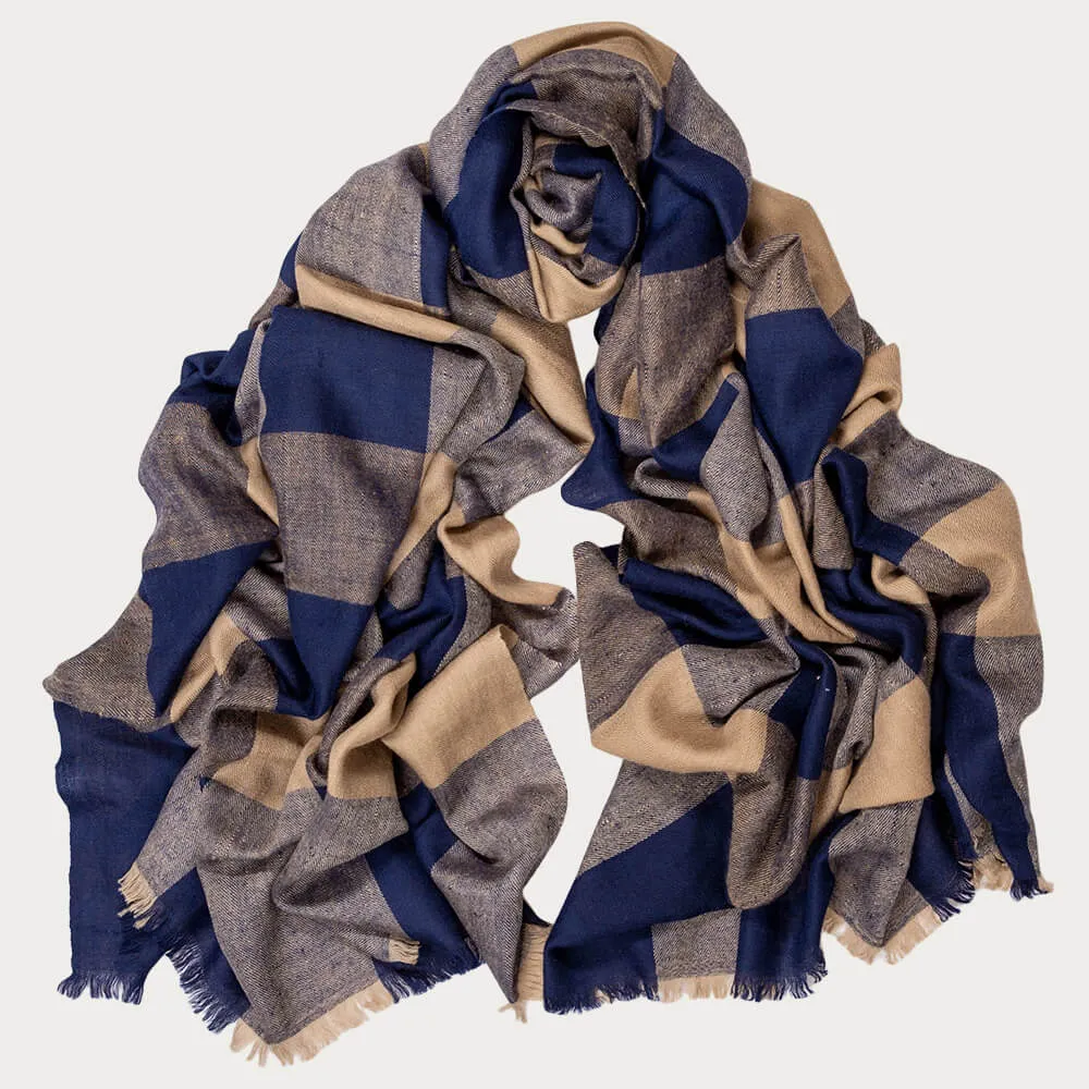 Navy and Biscuit Check Cashmere Shawl