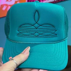 Online Exclusive | Black Boot Stitch Foam Trucker Cap in Solid Jade Blue