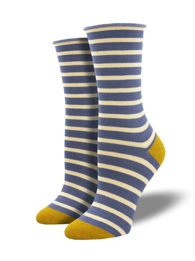 Roll Top Sailor Stripe (Blue) Bamboo Women's Crew Socks