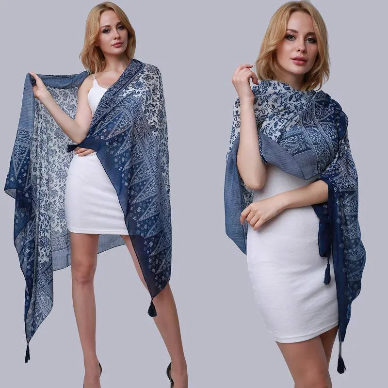 Summer Blue and White Porcelain Print Tassel Wraps Pashmina Scarf Shawls 175 x 100cm