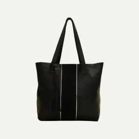 Tote Bag | Black Leather   Black Suede Stripe   Silver Piping "The Amy"