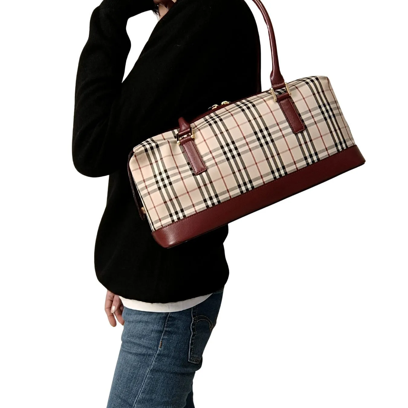 Trendy Inspired Burberry Burberry Burberry Shoulder Bag In Burgundy Check Canvas And Leather