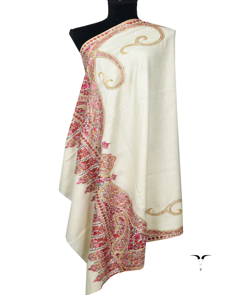 White and Red Embroidery Pashmina Shawl 7312