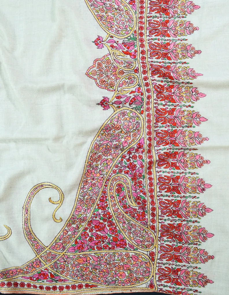 White and Red Embroidery Pashmina Shawl 7312