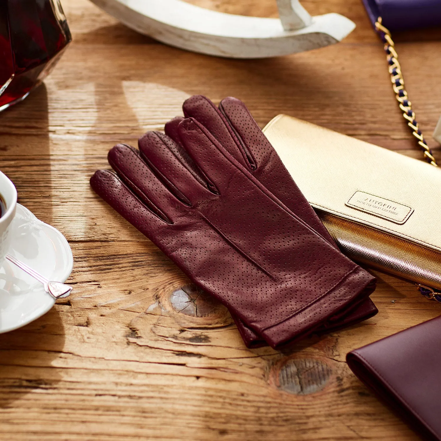 Women's Silk Lined Leather Gloves in Burgundy