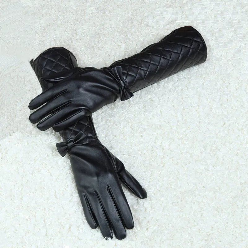 Women's Winter Leather Long Gloves With Bow