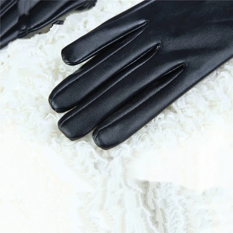 Women's Winter Leather Long Gloves With Bow